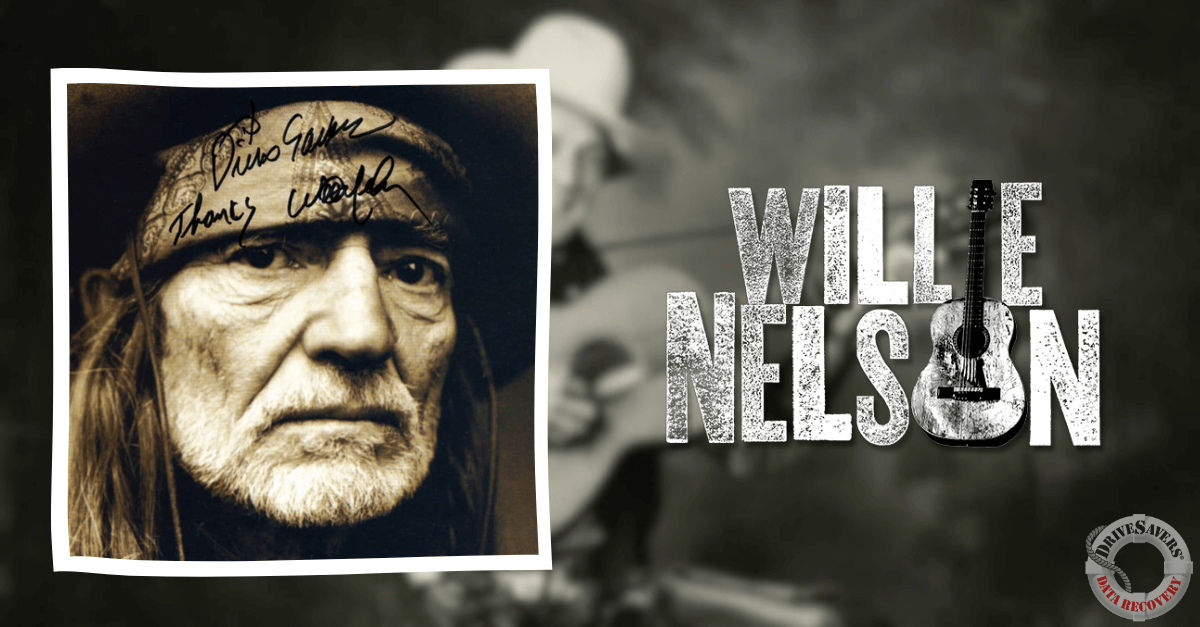 The sepia-toned portrait features a bearded man wearing a headband and displaying a serious expression. Next to him, the large name "Willie Nelson" is styled with creative typography, incorporating a guitar image in place of one of the letters. The background subtly shows a blurred figure engaged in playing the guitar, adding an artistic layer to the composition.