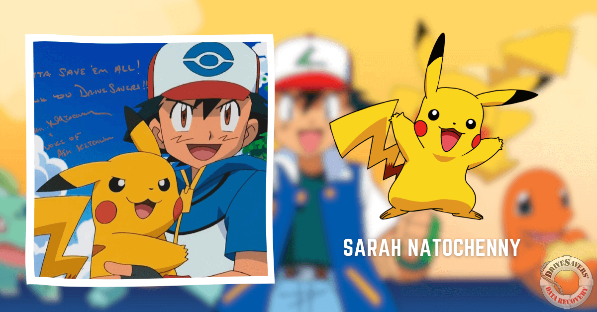 You are describing an image featuring two distinct parts. On the left, there's a framed photo capturing Ash and Pikachu smiling together, accompanied by a handwritten note. On the right side, there is a larger picture focusing on Pikachu with text that reads "Sarah Natochenny," while the background features a blurred image of Ash. The overall composition seems to celebrate the bond between Ash and Pikachu, with an emphasis on Sarah Natochenny's involvement in their story.