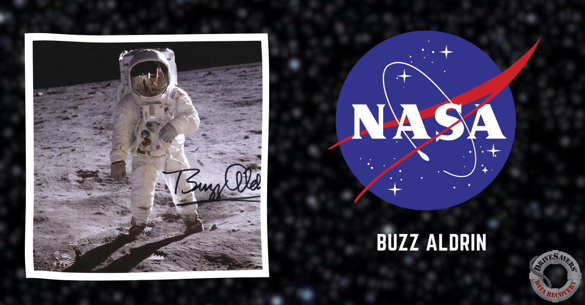 The image captures a striking scene of an astronaut in a spacesuit on the moon, leaving a distinct footprint on the lunar surface. Positioned nearby is the recognizable NASA logo, and beneath it, the name "Buzz Aldrin," indicating who created this iconic moment. The backdrop features a vast, starry sky that adds depth and wonder to the lunar landscape. The presence of a signature further personalizes this historic imagery.