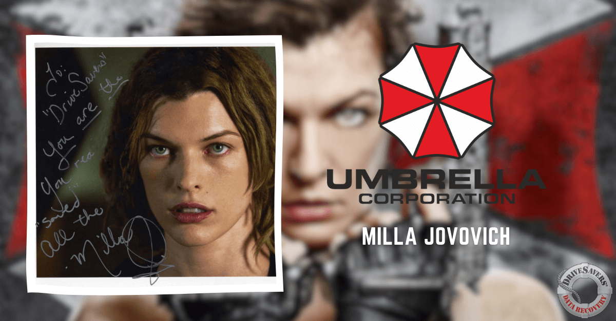 It sounds like you have an autographed photo of Milla Jovovich, likely related to her role in the "Resident Evil" film series. The Umbrella Corporation logo is a key element from those movies, which aligns with her character's story. This personalized signed image would be a great collector’s item for fans of the franchise or Milla Jovovich herself.