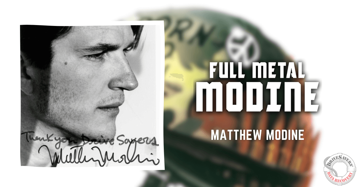 The image you described seems to focus on actor Matthew Modine, possibly referencing his role in the film "Full Metal Jacket." The black and white photo adds a classic and dramatic touch, with the close-up of Modine's profile capturing attention. The helmet with graffiti in the background hints at themes from the movie. The added autograph with a thank you message personalizes the image, suggesting it might be a signed keepsake or promotional material.