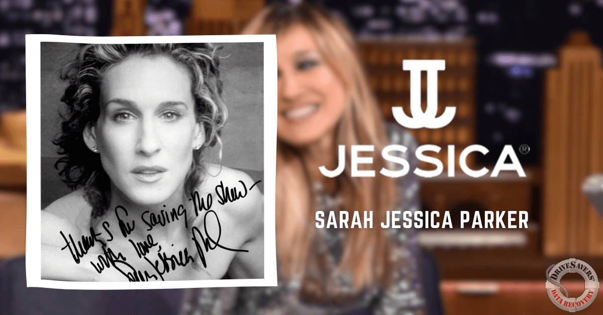 It sounds like you have a signed black and white photograph featuring Sarah Jessica Parker. The photo includes her autograph and possibly a personalized message, though it's difficult to read. The image might also feature some branding or artistic elements related to her name or work, with "JESSICA" possibly being related to her brand or another project she's associated with.