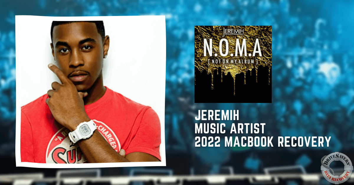 The image likely features the music artist Jeremih. He is wearing a red shirt and a white watch while striking a thoughtful pose. Next to him is the album cover for "N.O.M.A (Not On My Album)." The text on the image references "Jeremih Music Artist 2022 MacBook Recovery," which may relate to a specific project, event, or context involving Jeremih in 2022. There's also mention of a logo in the corner, but without specific details about its design or significance.