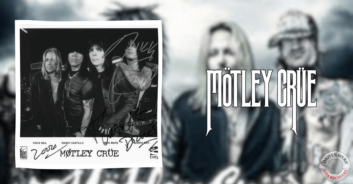 The image you described features a signed black-and-white group photo of the rock band Mötley Crüe, layered over a blurry color image of the same band. This composition highlights both nostalgic and vibrant aspects of the band's identity, capturing an essence of their dynamic presence in the music world.