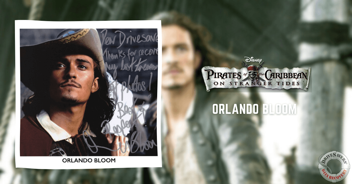 The promotional image for "Pirates of the Caribbean: On Stranger Tides" features a character donned in a classic pirate outfit, complete with a distinctive pirate hat. The background is artistically blurred, drawing attention to the character while creating an atmospheric sense that complements the adventurous theme of the movie. A signed photo is prominently integrated into the design, adding a personal touch for fans and collectors. While Orlando Bloom's name appears on the image, it's important to note that he did not star in this particular installment of the franchise. His inclusion may simply be due to his iconic association with previous films in the series or as an oversight.