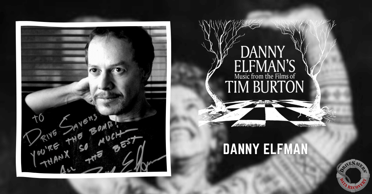 The black and white photo collage likely showcases the unique, artistic style associated with the collaboration between Danny Elfman and Tim Burton. The close-up of a man, possibly either Elfman or someone symbolically representing the music or films, is adorned with handwritten text that adds a personal touch to the image. The album cover titled "Danny Elfman's Music from the Films of Tim Burton" features an intricate design with an artistic tree intertwined with a checkerboard pattern, reflecting both Burton's whimsical visual aesthetic and Elfman's imaginative musical compositions. The combination of these elements captures the essence of their creative partnership.