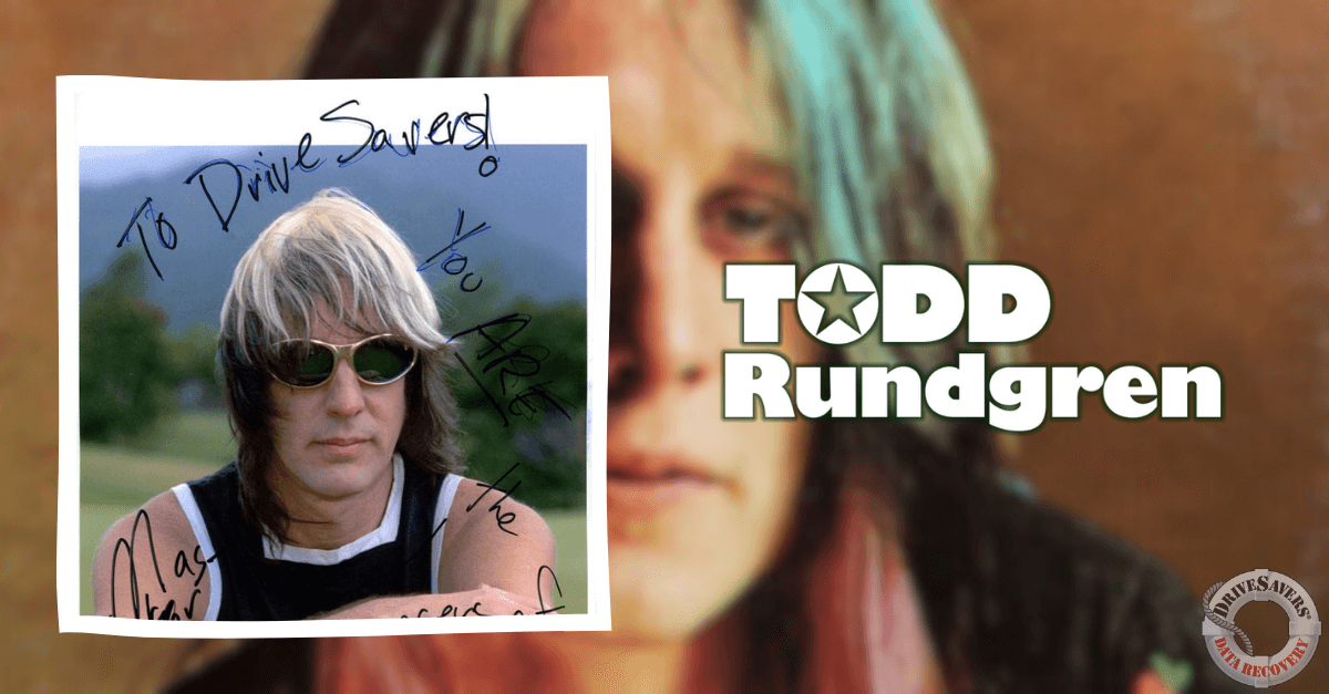 This image features a close-up of Todd Rundgren wearing sunglasses and a sleeveless shirt. It has a personalized touch with his handwritten autograph overlaying the image. In the background, there's a faded picture of Todd, accompanied by his name on the right side, creating a cohesive and stylish composition.