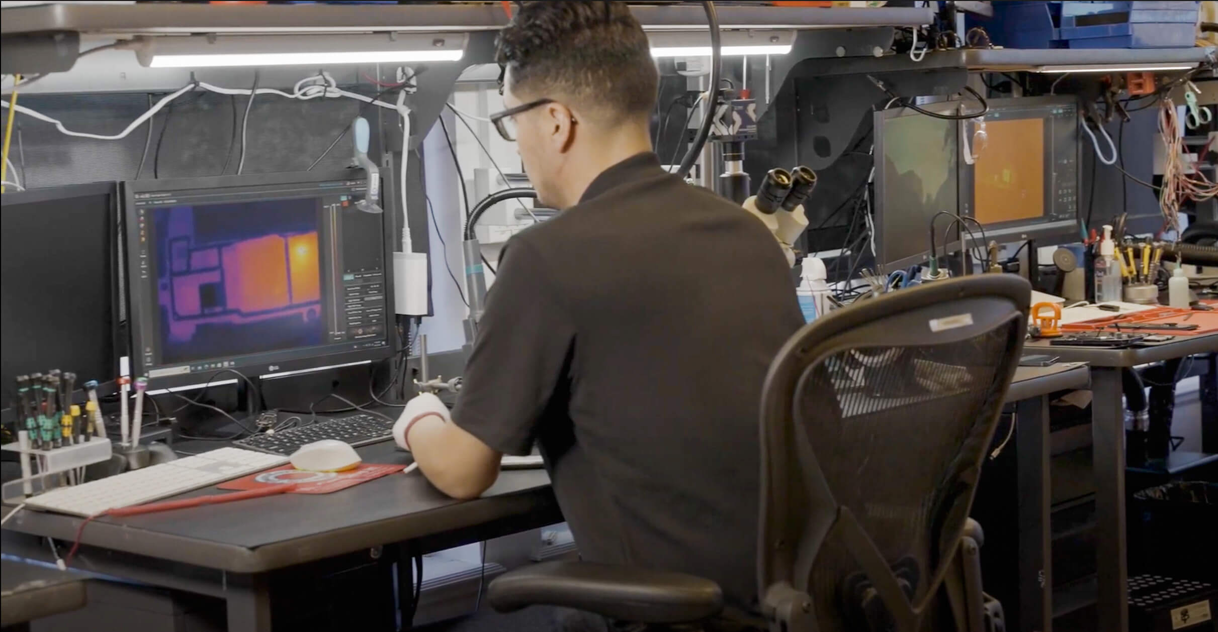 A person sits at a desk in a workshop, working on a computer. The desk is cluttered with tools and equipment. The monitor displays a colorful image resembling thermal imaging. The person wears glasses and a black shirt.