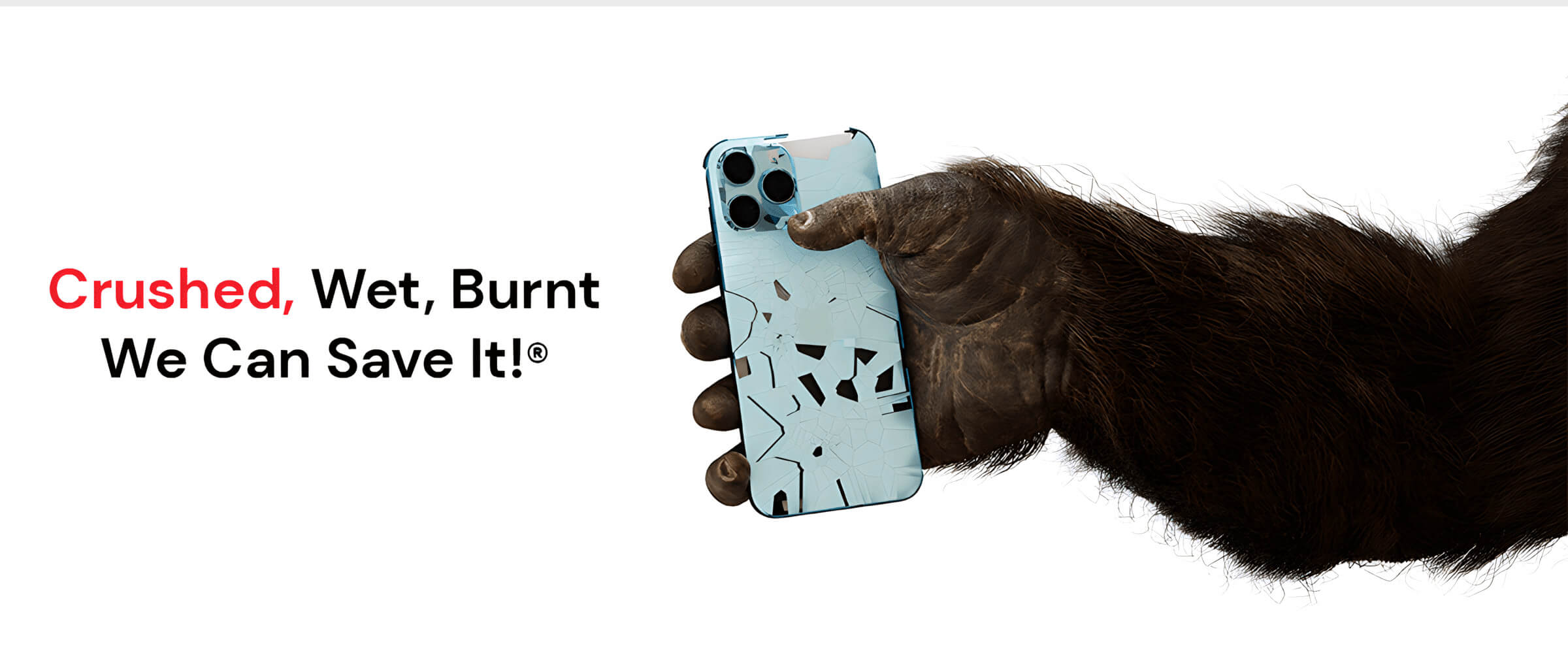 A hairy hand holding a smartphone with a cracked screen. Text reads, "Crushed, Wet, Burnt We Can Save It!" on a white background. Trust us for expert data recovery.