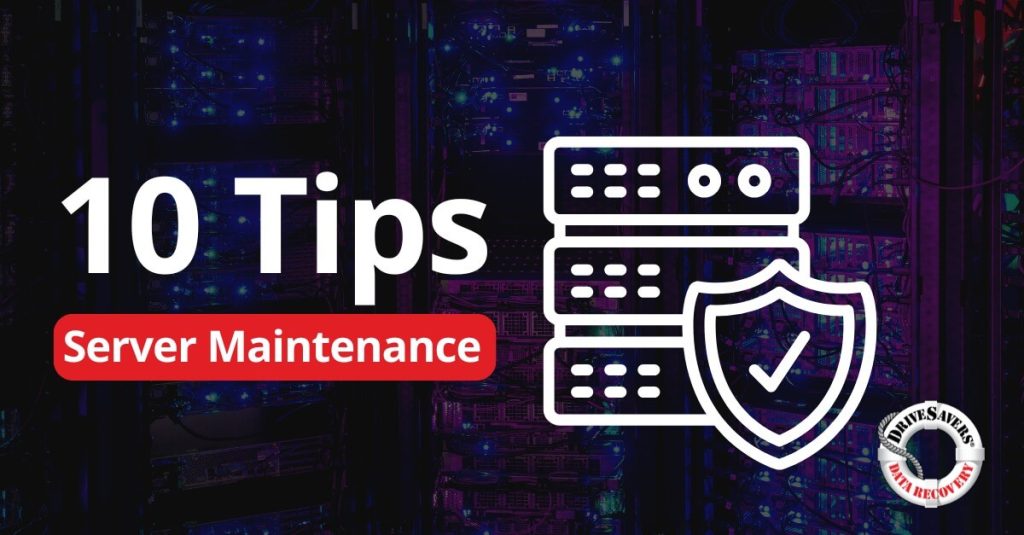 Image showing text "10 Tips for Server Maintenance" with a graphic of server towers and a shield with a checkmark. Background includes dimly lit server racks with blue lights. Whiteshark Data Recovery logo at the bottom right.