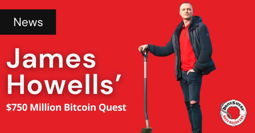 Man in a red shirt and black jacket with a shovel, featured in a news image about James Howells' $750 million Bitcoin quest. Despite the setbacks, like an external hard drive that keeps disconnecting, he persists. The background is red with bold white text, and a seal says "NFTs Recovered.