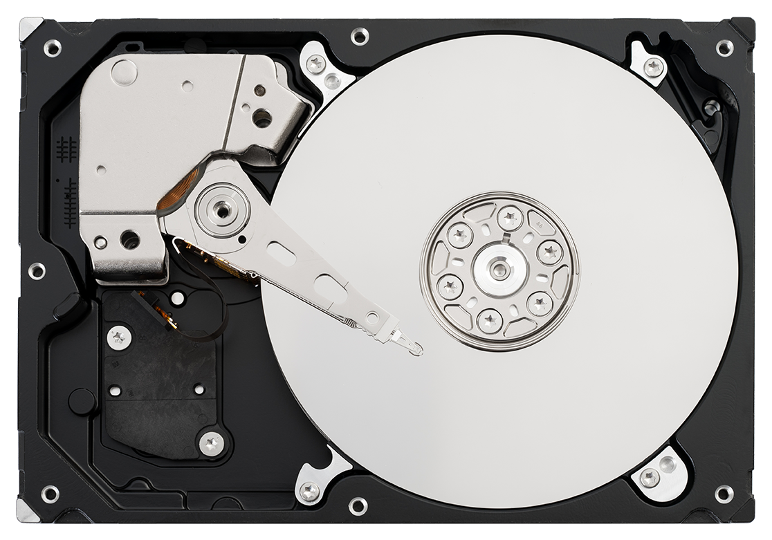 A close-up view of an open hard disk drive showing the shiny circular platter and the read/write arm. The drive's mechanical components are visible, including the actuator arm assembly, spindle, and casing.