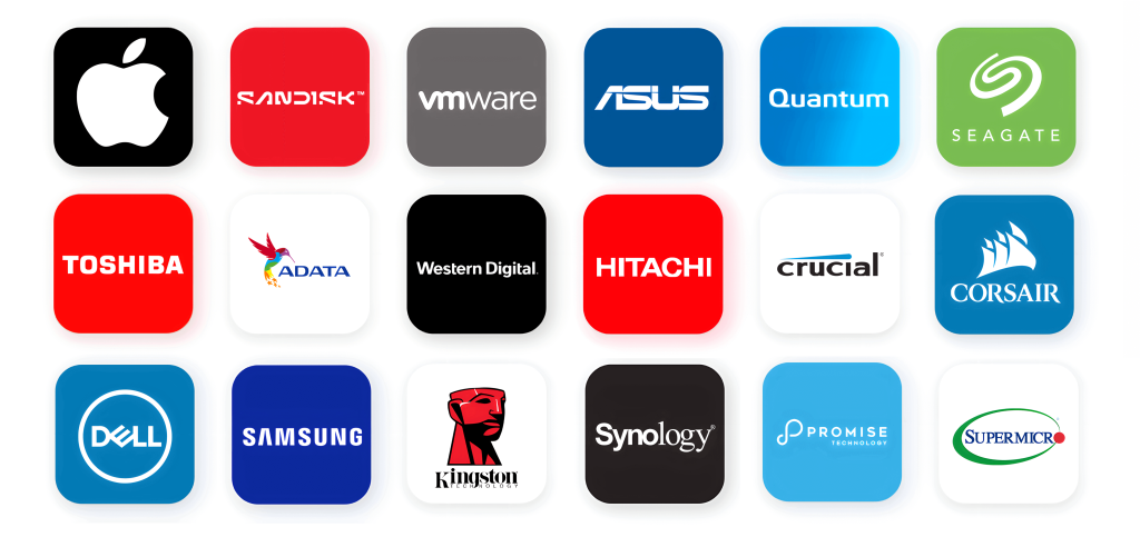 Grid of technology company logos including Apple, SanDisk, VMware, ASUS, Quantum, Seagate, Toshiba, ADATA, Western Digital, Hitachi, Crucial, Corsair, Dell, Samsung, Kingston, Synology, Promise Technology, and Supermicro.